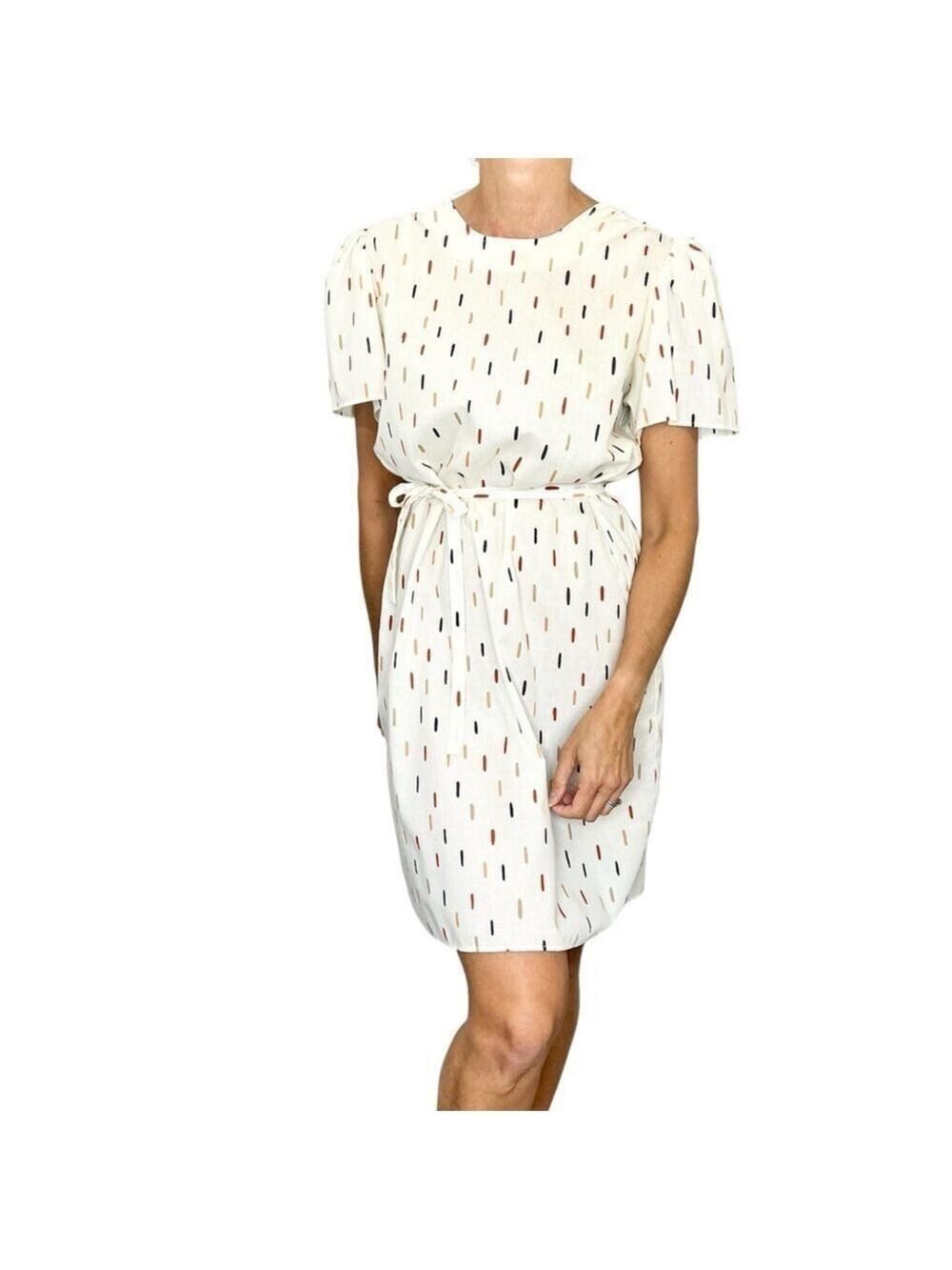 Vintage 70s 80s beige cream confetti dash print belted puff sleeve midi dress